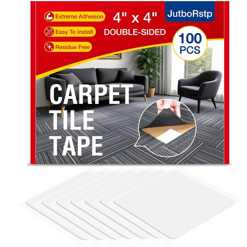 JutboRstp Carpet Tile Tape Double Sided, 4 x 4 Inches 100 Tabs, Rug Tape Grippers for Indoor Outdoor Use, Non Slip Adhesive for Area Rugs on Hardwood, Vinyl, Concrete Floors, Residue Free - Image 1